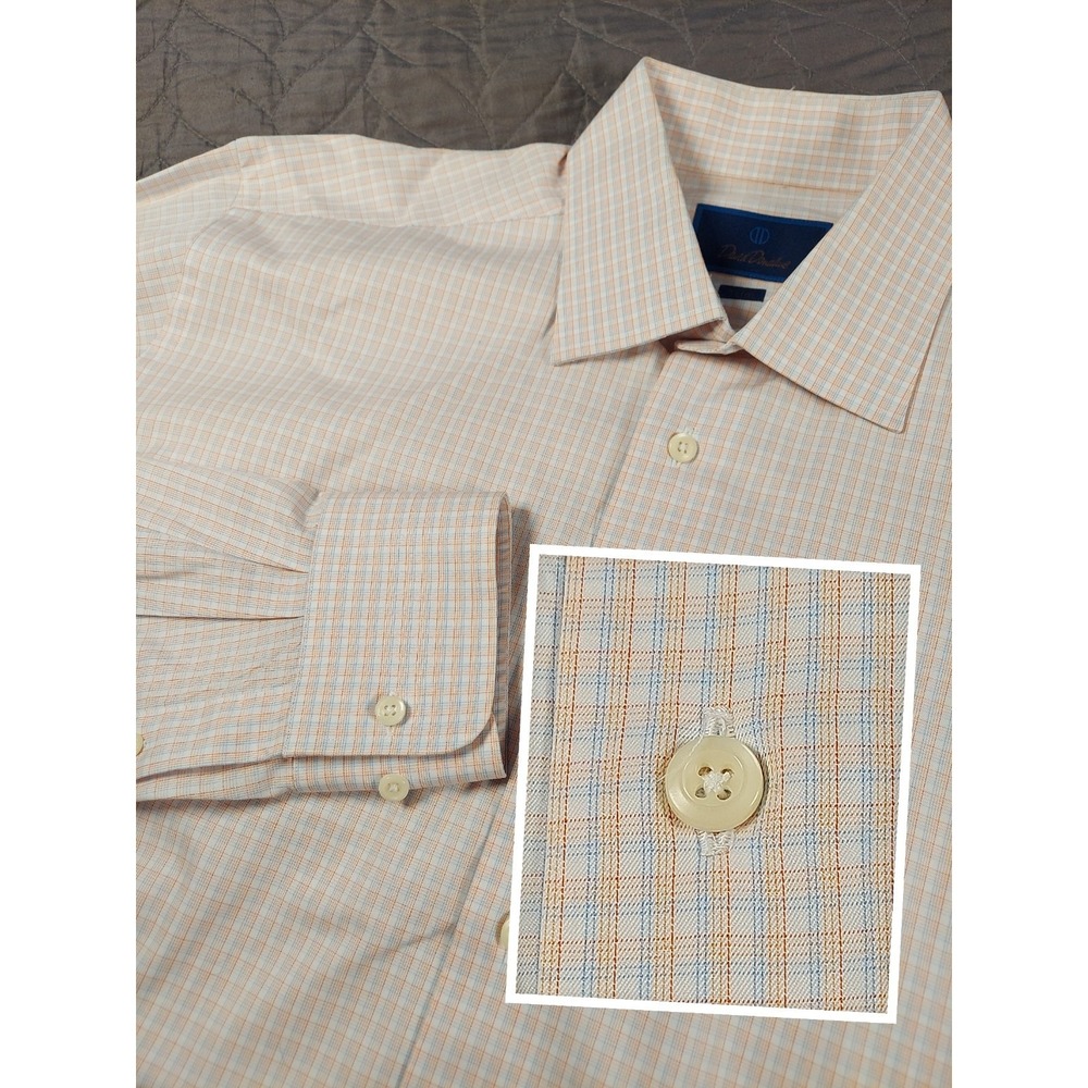 David Donahue Dress Shirt Mens 17 36/37 Trim Fit Plaid Check Cotton Formal White